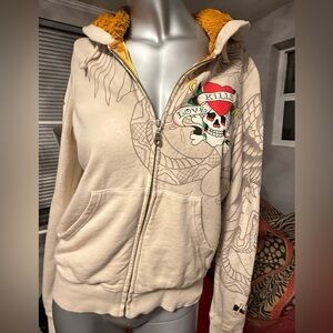 Ed Hardy Cream Skull Graphic with Fur Hoodie